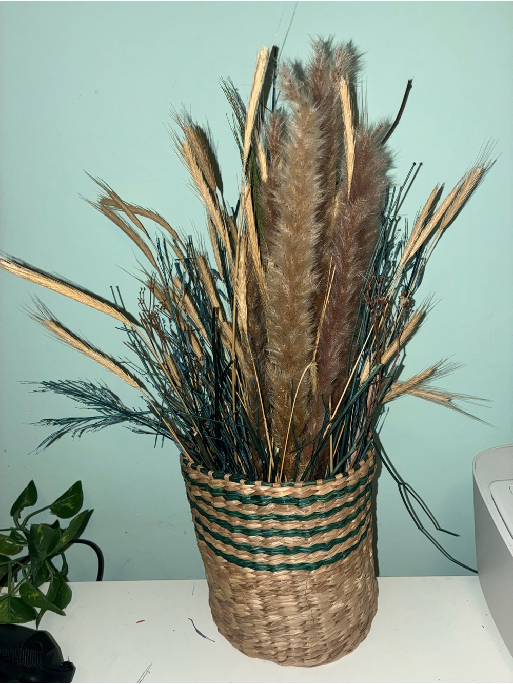 Natural Dried Grass Pampas Arrangement in Woven Basket Vase